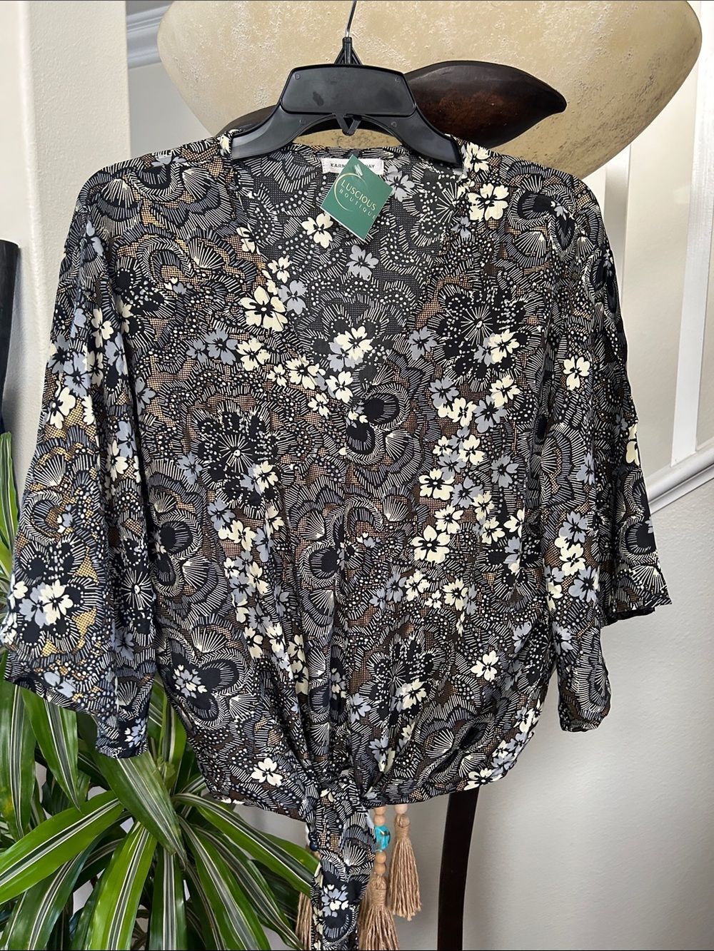 Lush Black Floral Tie-Front Blouse